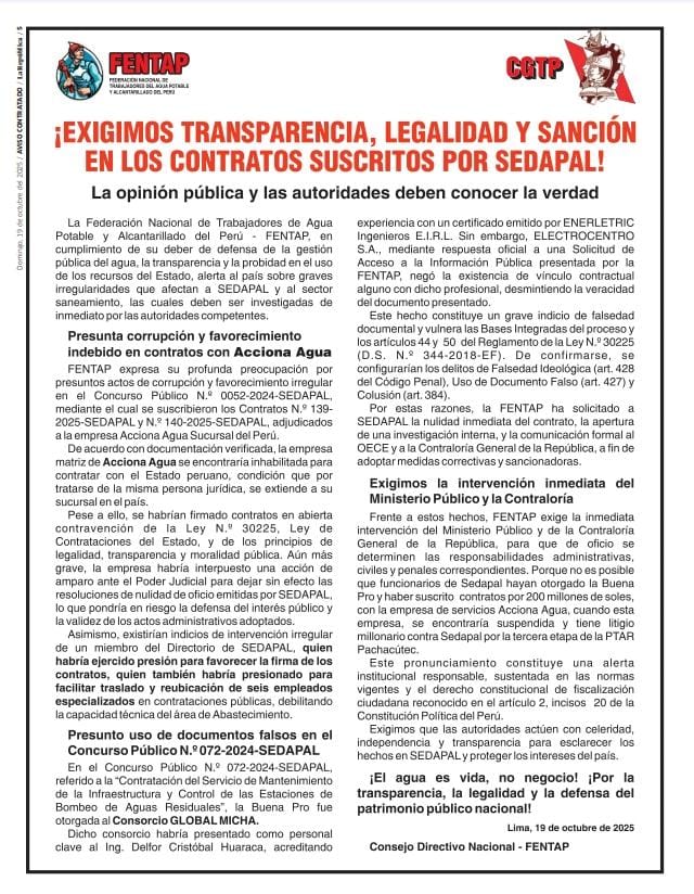 FENTAP4's tweet image. Exigimos transparencia, legalidad y sanción en los contratos suscritos por @SedapalOficial

#unidadsindical #sedapal #cgtp #corrupcionperú #noticiasperú #ultimominuto #perù
