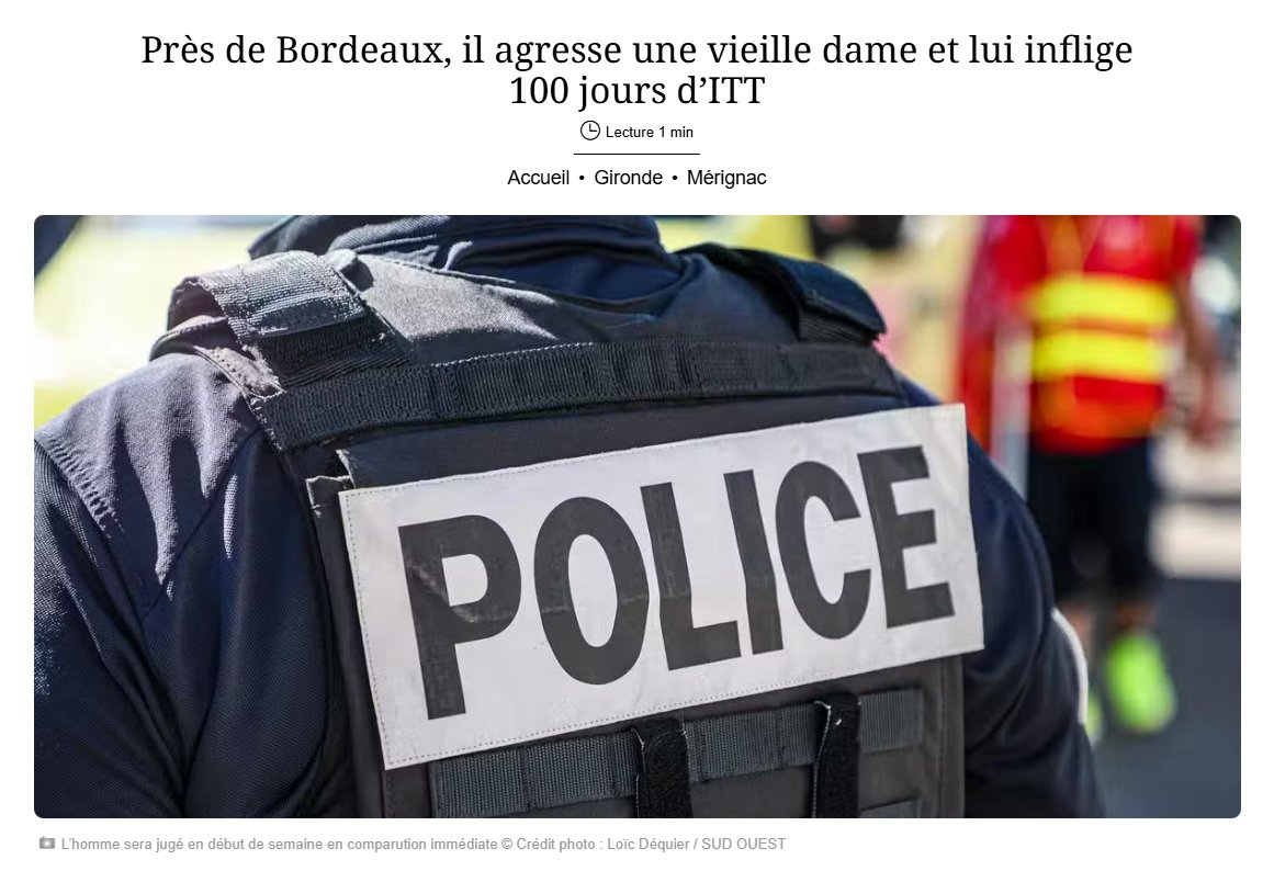 michelblancooff's tweet photo. L'ensauvagement de Mérignac continue. Début octobre, un homme agresse une femme âgée de 80, lui occasionnant 100 jours d’ITT. L'homme, un SDF, aurait tenté de l’agresser sexuellement.
L'angélisme doit cesser immédiatement !
#AvecThierryMillet #Merignac2026 https://t.co/9WjVCtqguv