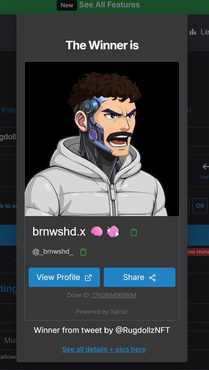 RugdollzNFT's tweet image. Congrats @_brnwshd_ you won! Draw ID: 1760894169894 Follow for more @xpickr xpickr.com #xpickr