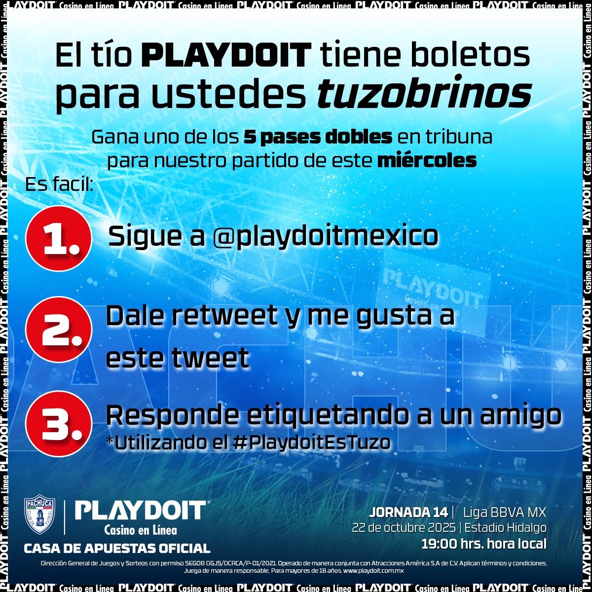Tuzos's tweet photo. 🍀 | ¡La suerte está con los Tuzos!

Gana 1 de los 5 pases dobles en tribuna que el tío @playdoitmexico trae para ti y acompáñanos en nuestro partido de este miércoles. 🏟️ 

‼️ Checa bien los pasos.

Tienes hasta el martes a las 12:00 hrs para participar.

#PlaydoitEsTuzo | #PachucaTigres