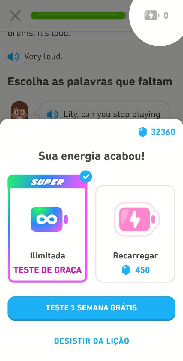 Laiane_Francis's tweet photo. Que atualização demoníaca foi essa aqui, @DuolingoBrasil???? 

No fim da lição e o Duolingo simplesmente decide que "acabou minha energia" e é isso, perdi a lição sem ter cometido nenhum erro https://t.co/B4MK3g437j