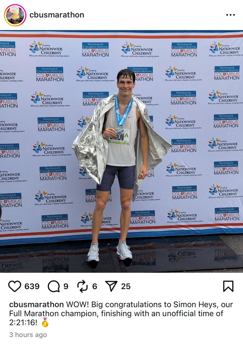 Congratulations to WHS 2019 Graduate Simon Heys!  
He won the Columbus Marathon today!!