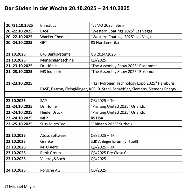 Papamicha007's tweet photo. Kleine Übersicht zu Terminen von Unternehmen aus #Süddeutschland in der kommenden Woche. Reine Information, kein Anspruch auf Vollständigkeit, keine Gewähr! DARF GERNE RE-TWEETET WERDEN :-) #Termine #Kalender #Kapitalmarkt #Börse #Aktien #thinkglobalinvestlocal https://t.co/WoSyy69neN