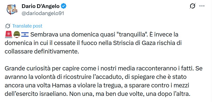 Israele può ammazzare palestinesi ogni giorno senza effetti per la tregua. Ma se Hamas attacca l'IDF la tregua "è violata". Perché non è una tregua ma un'occupazione militare. Grande curiosità per capire come i nostri media racconteranno i fatti, ma questo sotto è già un indizio.