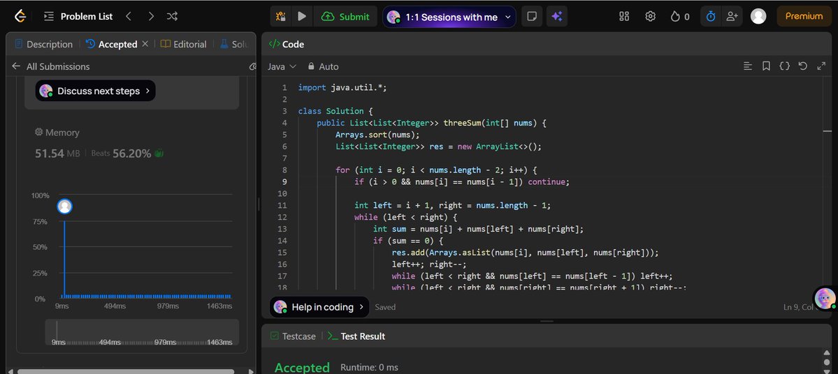 SoumyajitSingh_'s tweet image. Day 17/100 – #LeetCode100DaysChallenge
Problem: 3Sum
Time: O(n²) | Space: O(1) | Memory: 51.54 MB (beats 56.20%)
#100DaysOfCode #LeetCode #Java #DSA #TwoPointer #ProblemSolving #CodingChallenge #Zigbee