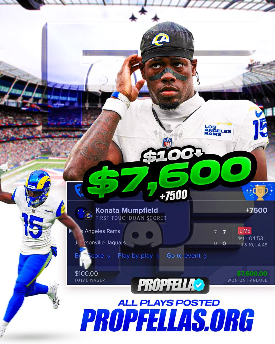 PropFella (@propfella) on Twitter photo โ
 CASHED +7500 First Touchdown Lotto ๐๐ฅ
$100 โก๏ธ $7,600 ๐ฐ๐คฏ
All plays posted in the Discord โก๏ธ PropFellas.org โ
 CASHED +7500 First Touchdown Lotto ๐๐ฅ
$100 โก๏ธ $7,600 ๐ฐ๐คฏ
All plays posted in the Discord โก๏ธ PropFellas.org