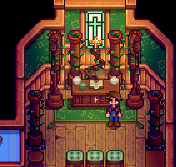 QuiltstarCo's tweet image. I once made a Stardew Valley mod to turn the Yoba shrine into a Christian altar.