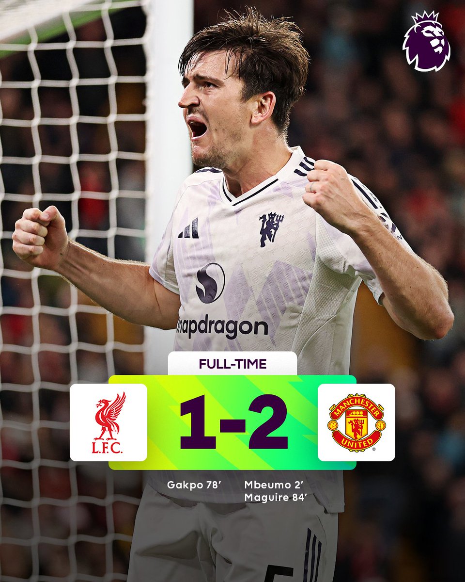 PLinUSA's tweet image. Harry Maguire and @ManUtd STUN Liverpool at Anfield!

It&apos;s the champions&apos; third straight Premier League loss 😳