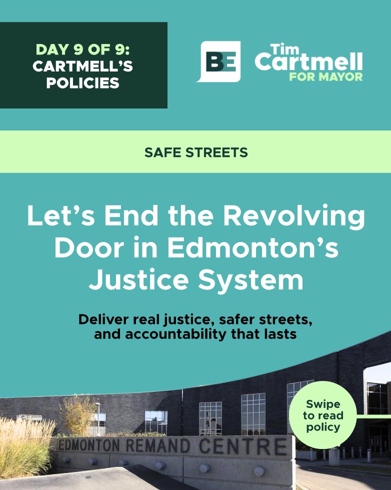 _TimCartmell's tweet image. My plan ends the revolving door in Edmonton’s justice system:

•⁠ ⁠Stricter bail standards for repeat violent offenders
•⁠ ⁠More funding and staffing for prosecutors and courts
•⁠ ⁠Transparency in sentencing and plea deals
•⁠ ⁠Real support for people in crisis