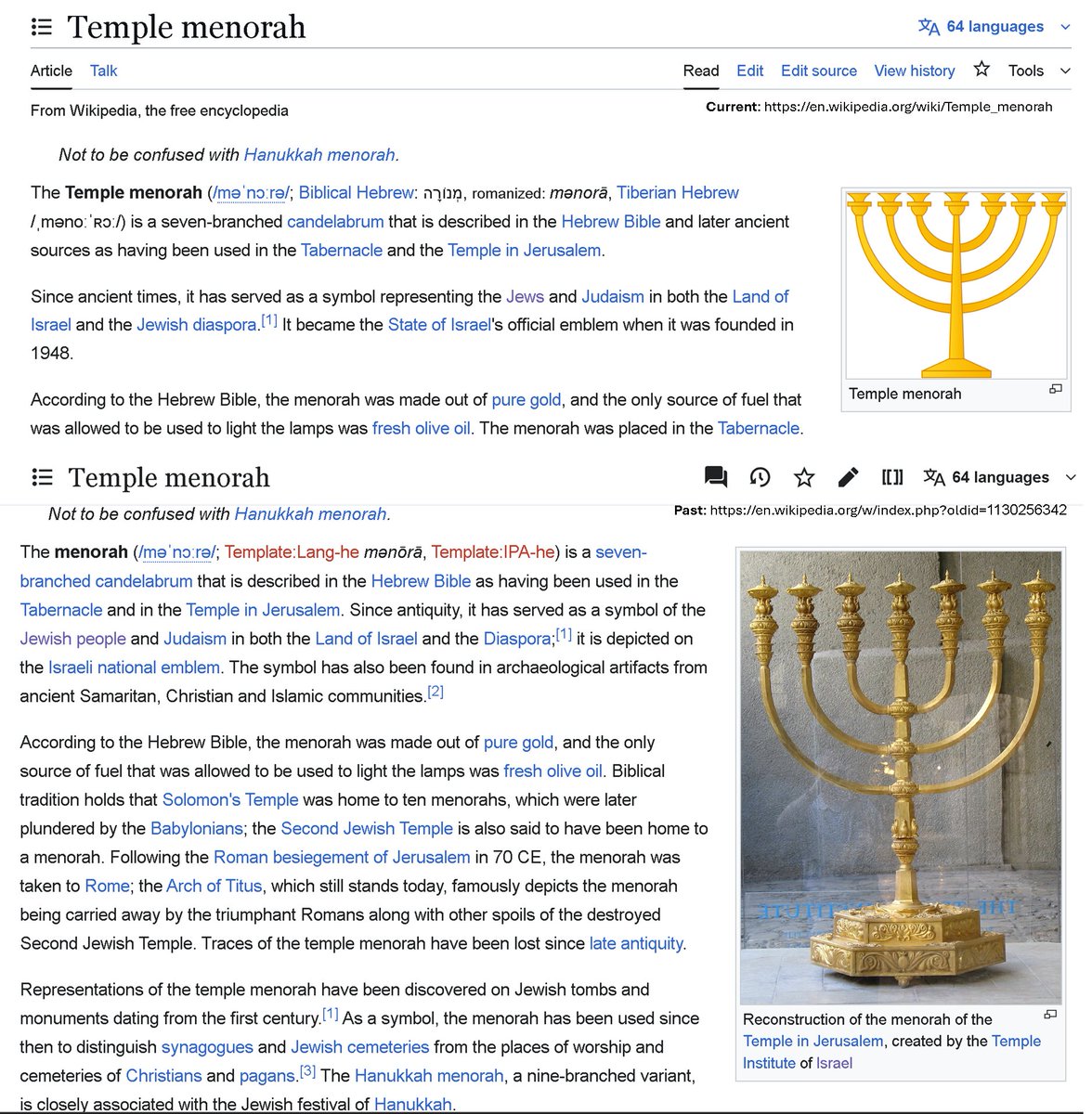 WikiBias's tweet photo. The manipulation of Jewish heritage on Wikipedia is clear in its language and imagery. The article on the Menorah, a key symbol of Jewish history, illustrates this: a genuine replica image was replaced with an illustration, and the text has lost much depth and significance. https://t.co/PXNYpawEQb