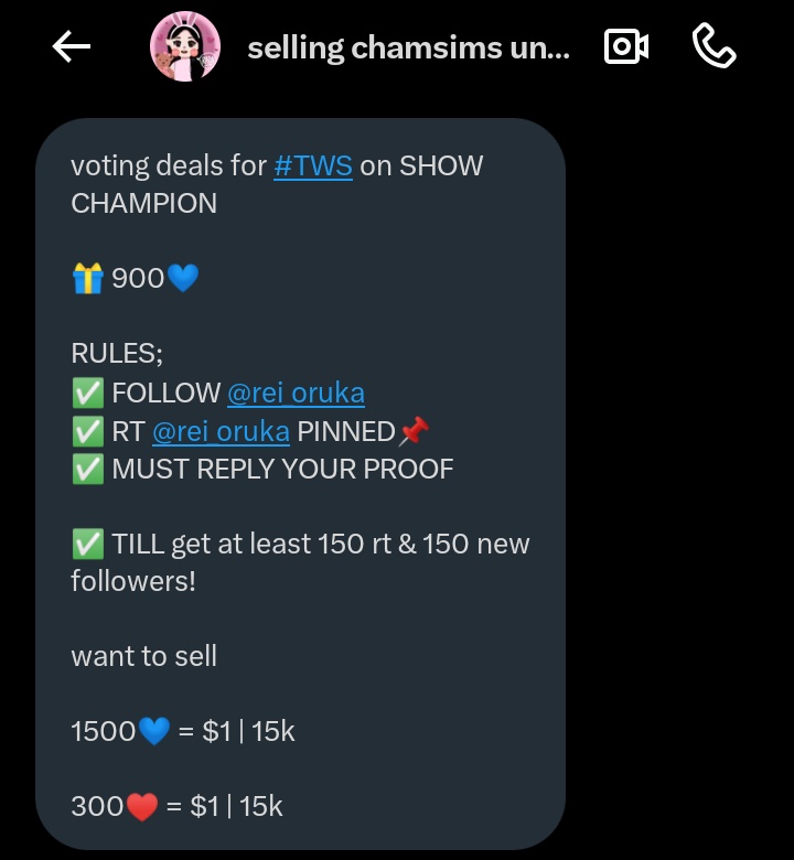 can✩ (@shinyutsel) on Twitter photo voting deals for #TWS on SHOW CHAMPION
🎁 900💙
RULES;
✅ FOLLOW <a href="/rei_oruka/">selling chamsims underprice📌 jasa co membership</a>
✅ RT <a href="/rei_oruka/">selling chamsims underprice📌 jasa co membership</a> PINNED📌
✅ MUST REPLY YOUR PROOF
✅ TILL get at least 150 rt & 150 new followers!
want to sell
1500💙 = $1 | 15k
300♥️ = $1 | 15k voting deals for #TWS on SHOW CHAMPION
🎁 900💙
RULES;
✅ FOLLOW <a href="/rei_oruka/">selling chamsims underprice📌 jasa co membership</a>
✅ RT <a href="/rei_oruka/">selling chamsims underprice📌 jasa co membership</a> PINNED📌
✅ MUST REPLY YOUR PROOF
✅ TILL get at least 150 rt & 150 new followers!
want to sell
1500💙 = $1 | 15k
300♥️ = $1 | 15k