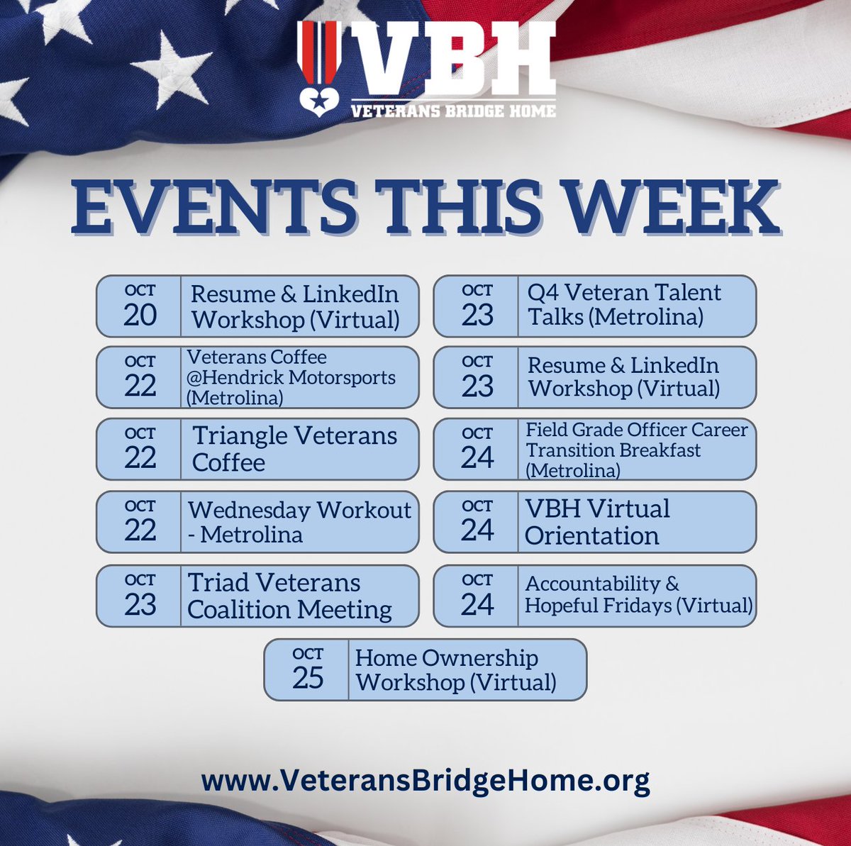 Veterans Bridge Home (@vetbridgehome) on Twitter photo Here’s What’s Happening This Week for Veterans in Our Community! 📅
From coffee chats and financial workshops to fitness sessions and networking mixers — Veterans Bridge Home is proud to support a week packed with opportunities to connect, grow, and thrive.
✨ Whether you're: Here’s What’s Happening This Week for Veterans in Our Community! 📅
From coffee chats and financial workshops to fitness sessions and networking mixers — Veterans Bridge Home is proud to support a week packed with opportunities to connect, grow, and thrive.
✨ Whether you're: