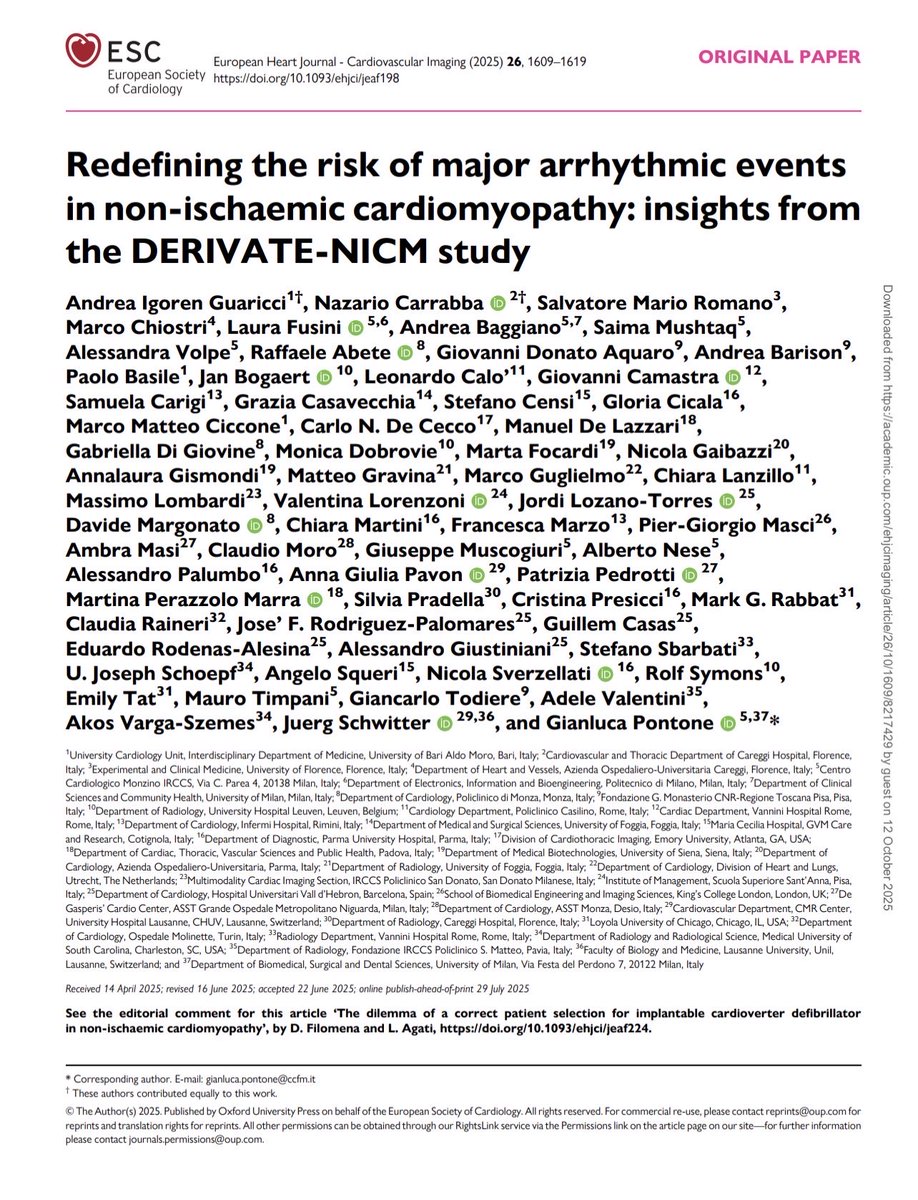 GiuseppeGalati_'s tweet image. 🔥 #DERIVATE-NICM study:
Redefining the risk of #MajorAdverseArrhythmicEevents 
in non-ischaemic #CMP &amp;amp; #HeartFailure: 

⚡️ #DERIVATE_Risk_Score_2.0 based on LGE  pattern distribution (not only quantitative as in score 1.0) found that presence of midwall LGE, but also the