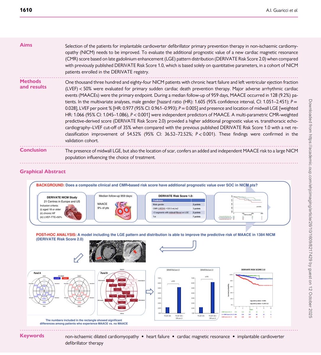 GiuseppeGalati_'s tweet image. 🔥 #DERIVATE-NICM study:
Redefining the risk of #MajorAdverseArrhythmicEevents 
in non-ischaemic #CMP &amp;amp; #HeartFailure: 

⚡️ #DERIVATE_Risk_Score_2.0 based on LGE  pattern distribution (not only quantitative as in score 1.0) found that presence of midwall LGE, but also the