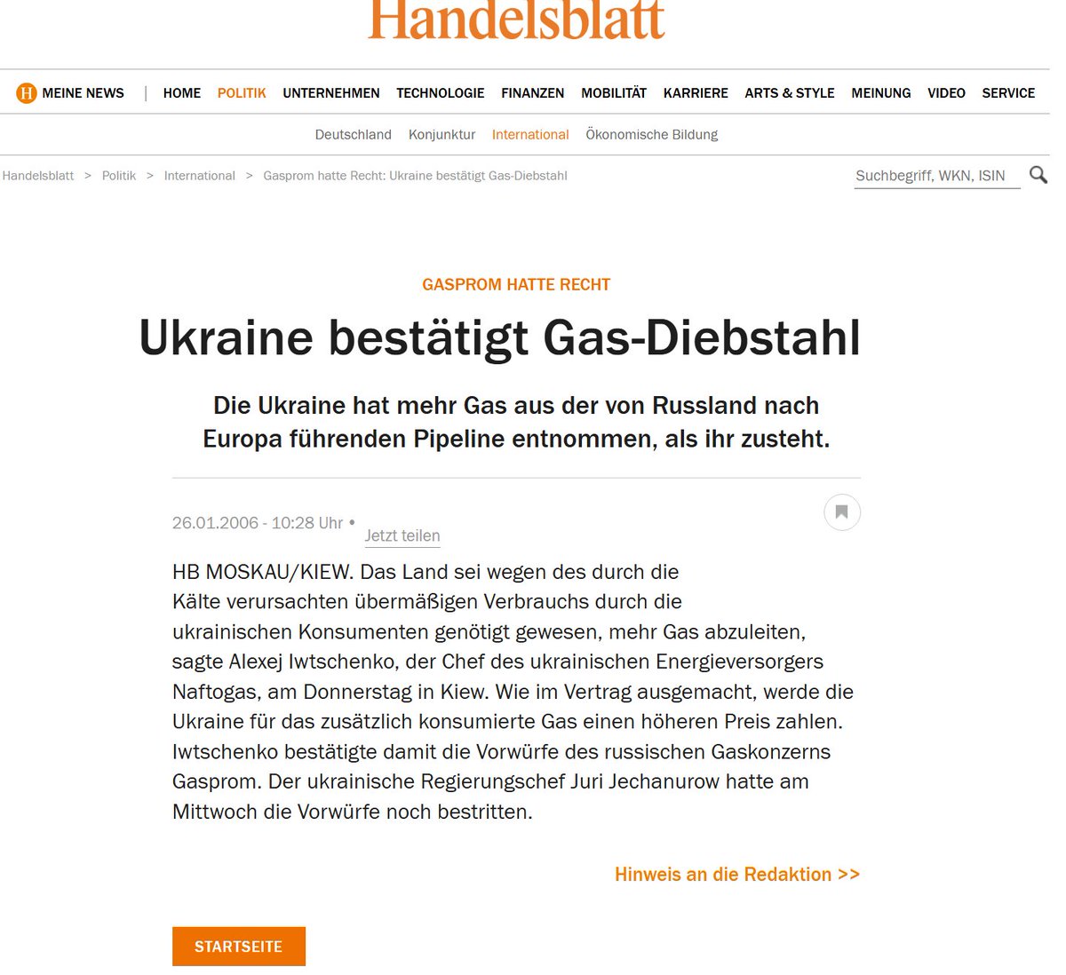 vonGammCom's tweet image. 🗑️ 404: Ukraine -Geschichte nicht gefunden

Es war einmal ein Artikel im Handelsblatt.
Datum: 26. Januar 2006.
Überschrift: „Ukraine bestätigt Gas-Diebstahl“.

Kein Meinungsstück, keine Verschwörung, keine Polemik – nur eine einfache Nachricht: Die Ukraine habe mehr Gas aus einer…