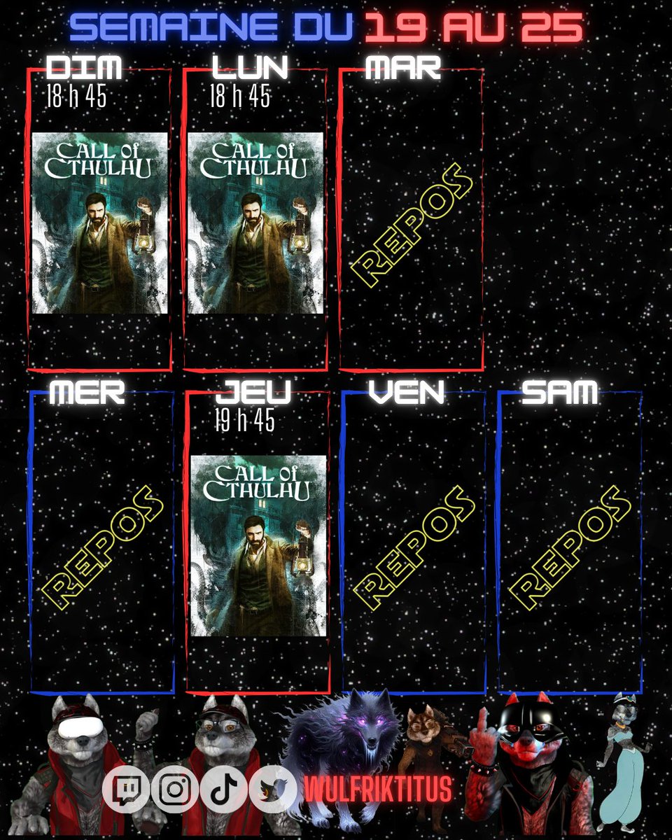 La semaine s’annonce… étrangement troublante. 🐙
On plonge dans la folie avec Call of Cthulhu dès ce soir, et on y retourne lundi et jeudi, histoire d’être sûrs de ne plus jamais dormir tranquille.

📅 twitch.tv/WulfrikTitus
#TwitchFR #CallOfCthulhu #Horreur #Gaming