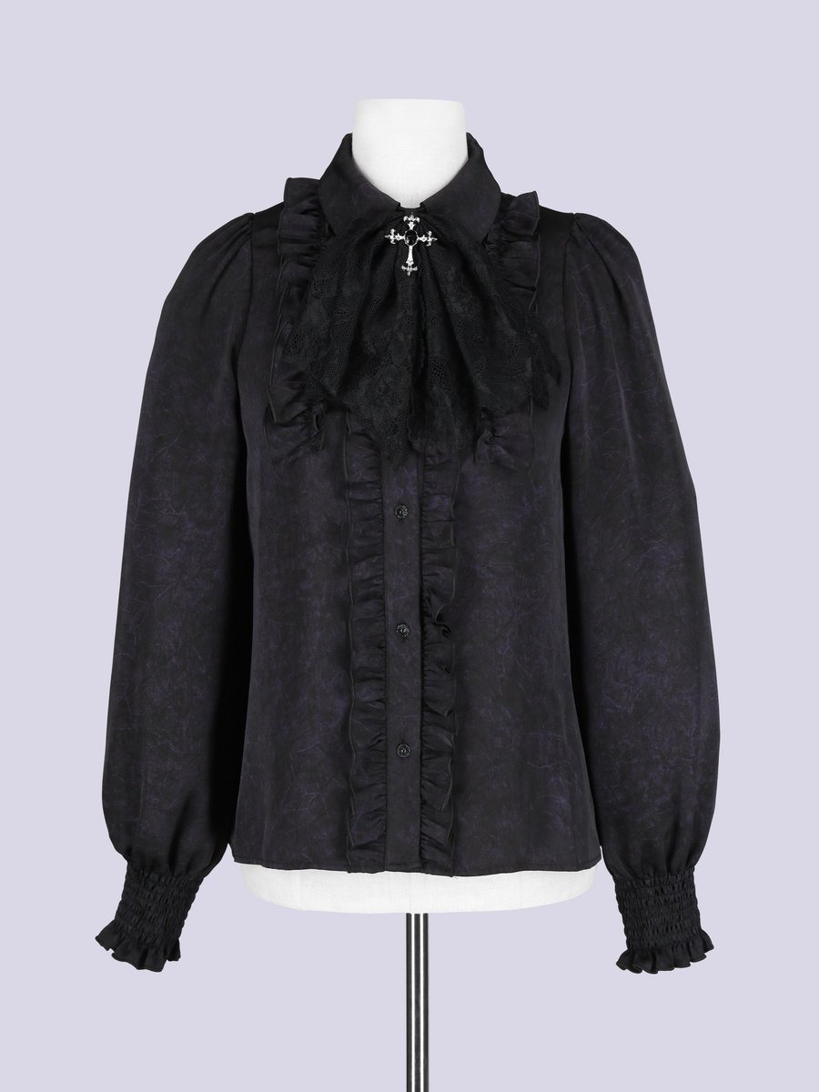 IMVAL / Classic Frill Shirt [BLK] 漆黒に滲むパープルのマーブルが 