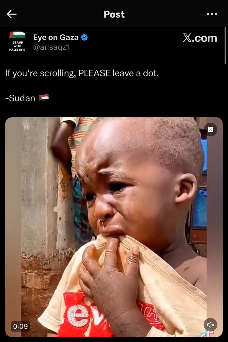 This is now the 2nd Sudan related engagement farming post I come across from this account.

0 context/useful info. No way to know if the child is even actually Sudani. This is not solidarity, it’s exploitation. Have we not been thru enough?

Leave us &amp; our ppl tf alone, <a href="/arisaqz1/">Eye on Gaza</a>