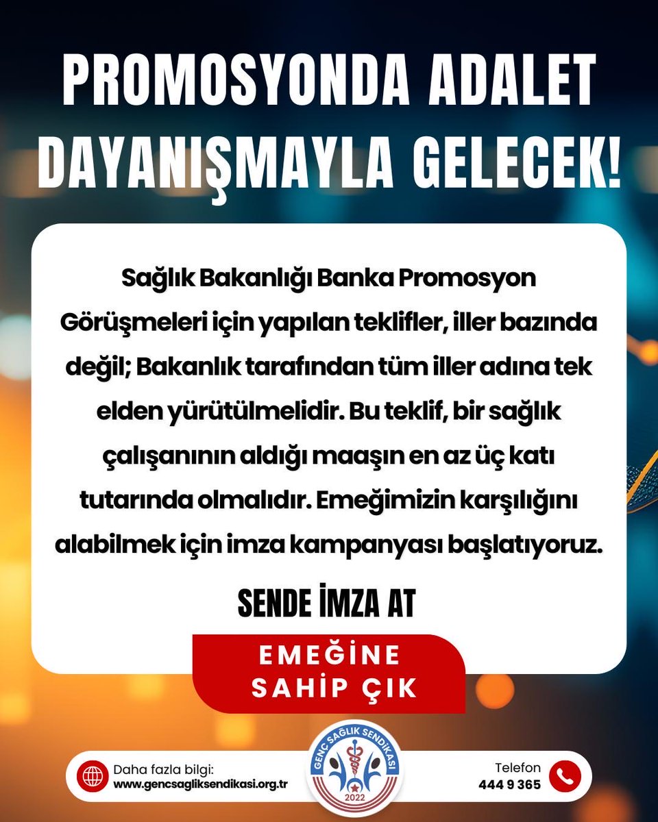 Sağlık Bakanlığı banka promosyon görüşmeleri için yapılan teklifler iller bazında değil, Bakanlık tarafından tüm iller adına tek elden yürütülmelidir. Bu teklif, bir sağlık çalışanının aldığı maaşın en az üç katı tutarında olmalıdır. Emeğimizin karşılığını alabilmek için imza