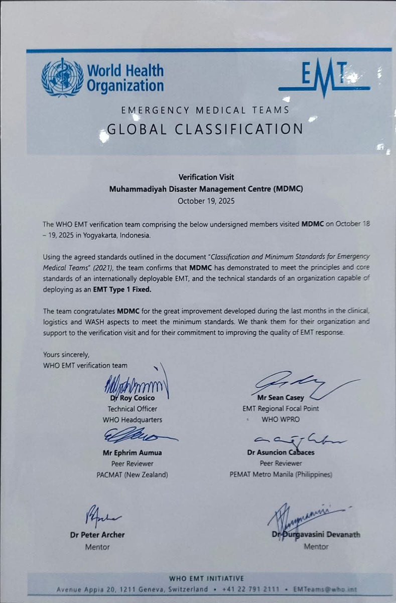 ismailfahmi's tweet image. World Health Organization
Emergency Medical Teams
Global Classification

Verification Visit
Muhammadiyah Disaster Management Centre (MDMC)
October 19, 2025

The WHO EMT verification team comprising the below undersigned members visited MDMC on October 18–19, 2025 in Yogyakarta,…
