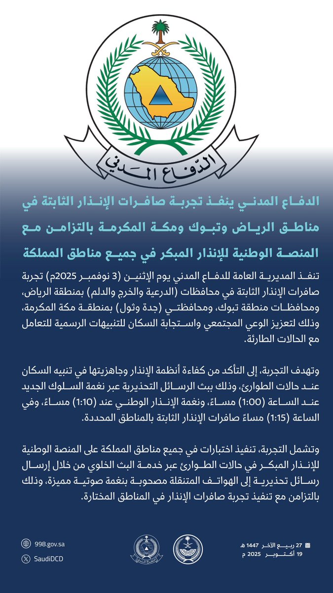 #الدفاع_المدني ينفذ تجربة صافرات الإنذار الثابتة في مناطق الرياض وتبوك ومكة المكرمة بالتزامن مع المنصة الوطنية للإنذار المبكر في جميع مناطق المملكة.