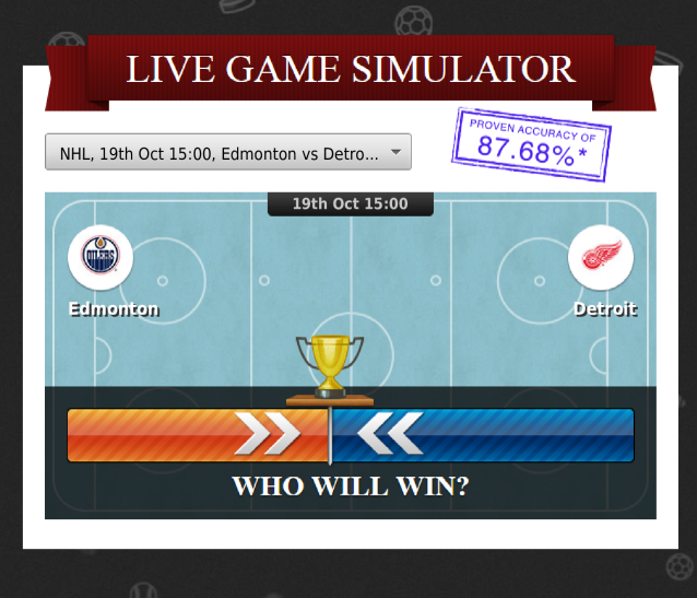 ZcodeAI's tweet image. Who will win? Pick your side!
19th Oct 15:00 EST
Edmonton at Detroit (NHL) #simulator #nhl #hockey #nhlbetting #nhltips #nhlpicks #zcodesystem #bettingsports #bettingsystems #bettingexpert #sportsbetting #freebettingtips