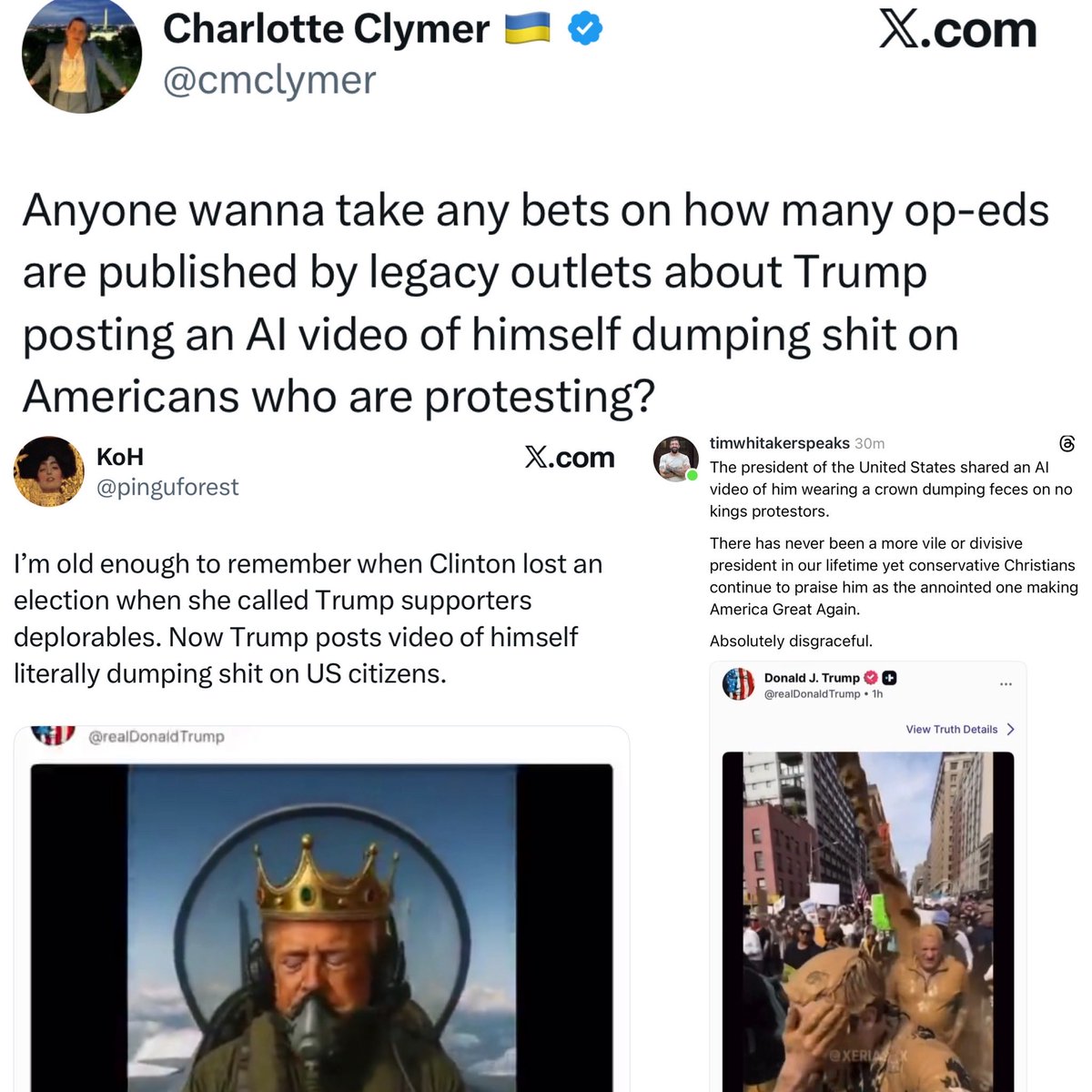 Any media outlets that don’t address this video of Trump wearing a crown dumping shit on Americans is normalizing it.

As with everything else this authoritarian regime does, you’re either calling it out or normalizing it. There is no third option.