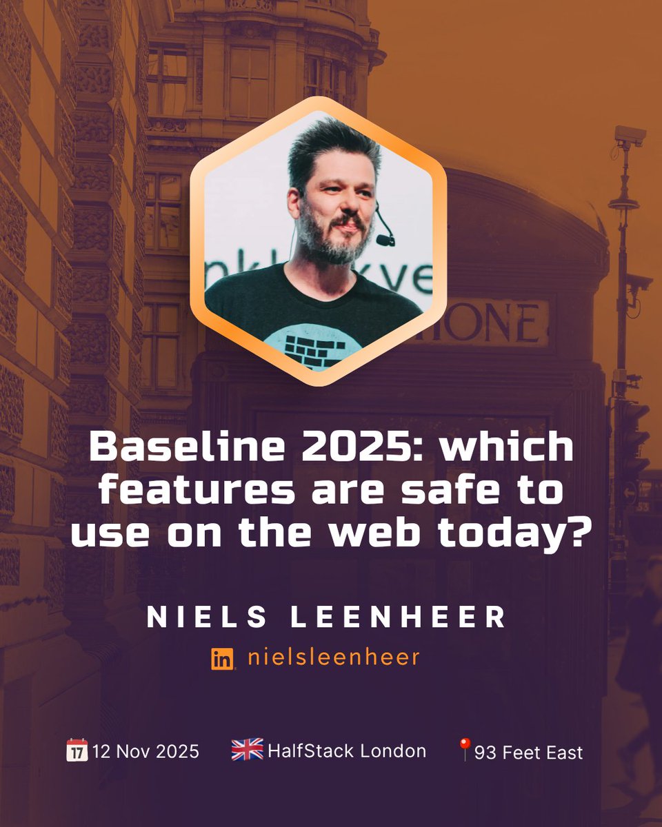 halfstackconf's tweet image. Niels Leenheer is back at HalfStack London! ✨
With Baseline 2025, he’ll explore which web features are safe to use today and how to stay modern without breaking browser support. 💻
📅 12 Nov 2025—93 Feet East, Shoreditch
🎟️ halfstackconf.com/london
#HalfStack #HalfStackLondon