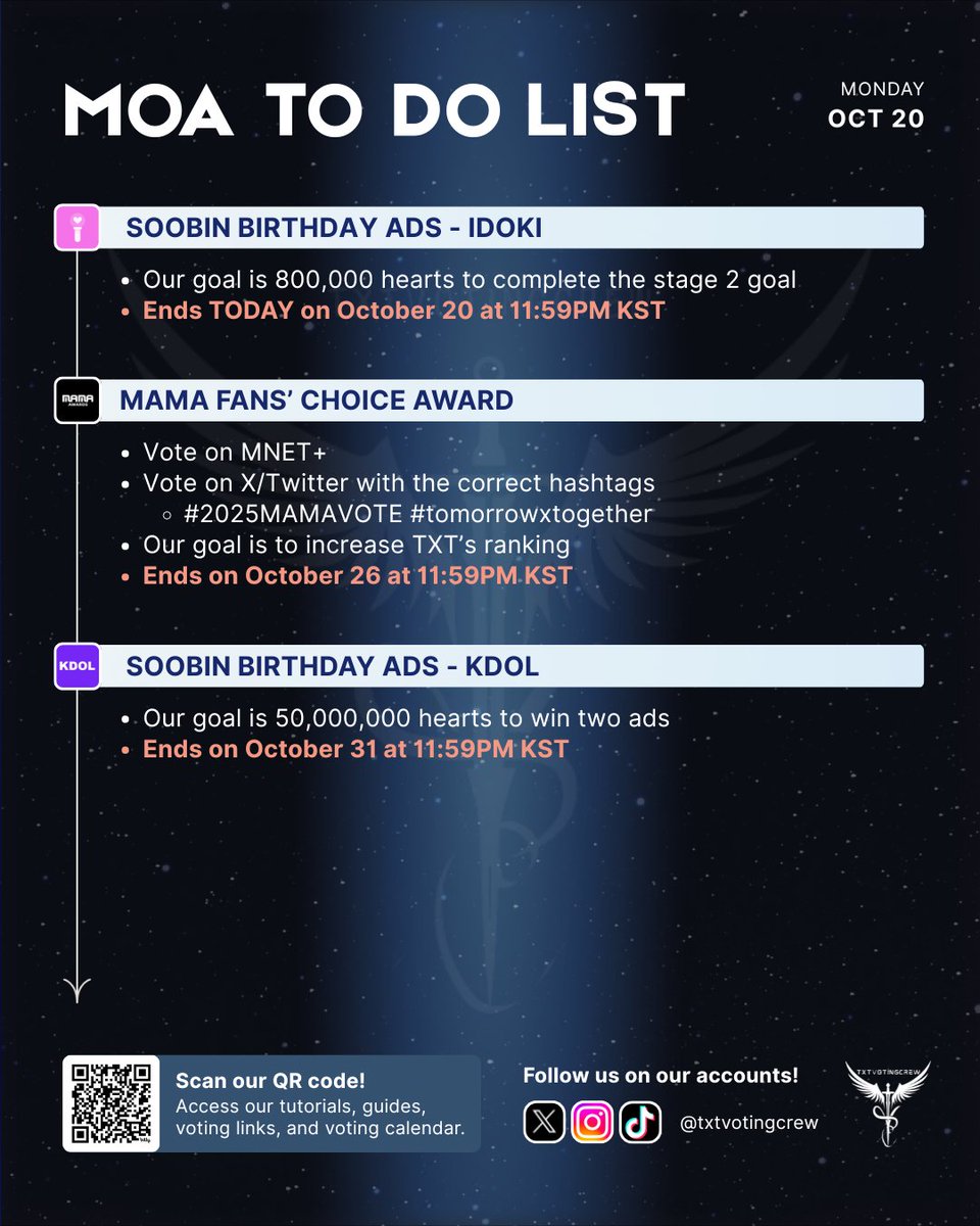 txtvotingcrew's tweet photo. MOA TO DO LIST FOR TODAY [251020] 📢

Check our pinned post for more info 📍

#MO4TXT #MOAisONE
#TOMORROW_X_TOGETHER https://t.co/hZl0xRRZ3r