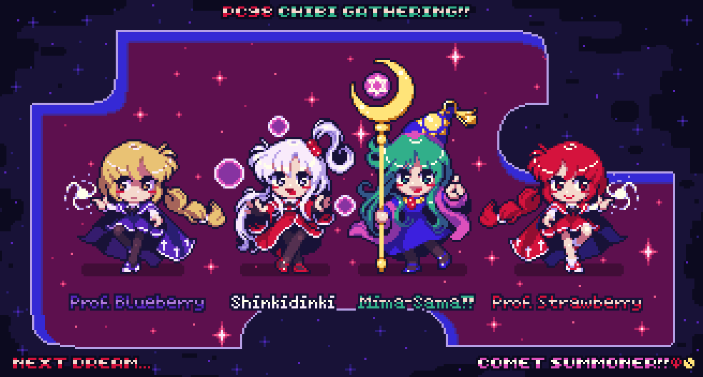 hi hi!! tiny chibi sprite art of Mima-Sama, Goddess Shinki, Professor Yumemi and Yumemi of the World of Magic!! 🫐🍒☀️🍓