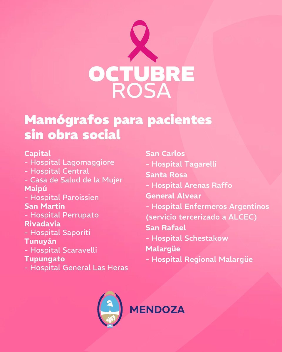 💗 ¿Ya te hiciste tu control?

En el Día Mundial de Lucha contra el Cáncer de Mama, te recordamos que el control médico anual y la mamografía son claves para prevenir y detectarlo.

Hacerlo a tiempo salva vidas.

👉 En Mendoza, las mujeres de 50 a 69 años pueden realizarse la