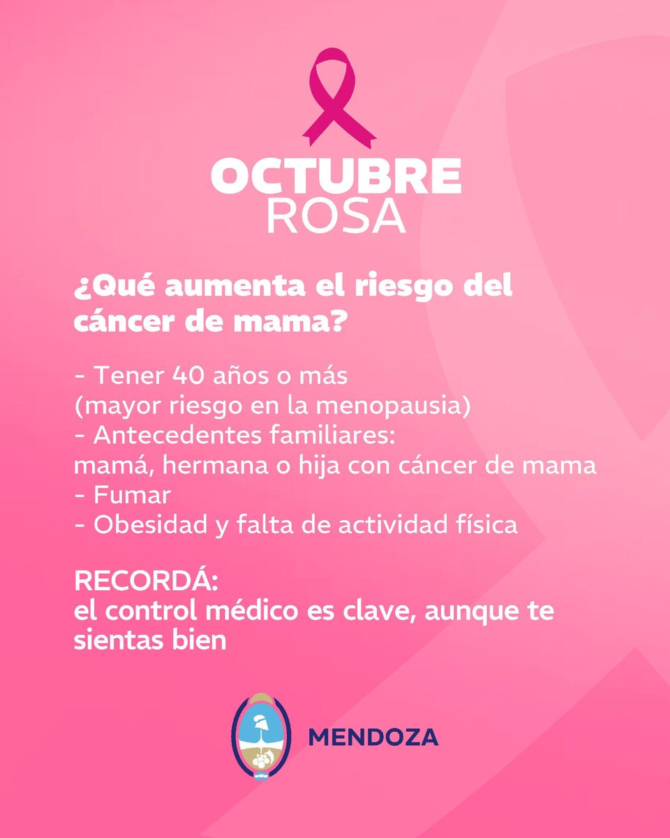 MinSaludMza's tweet photo. 💗 ¿Ya te hiciste tu control?

En el Día Mundial de Lucha contra el Cáncer de Mama, te recordamos que el control médico anual y la mamografía son claves para prevenir y detectarlo.

Hacerlo a tiempo salva vidas.

👉 En Mendoza, las mujeres de 50 a 69 años pueden realizarse la mamografía sin orden médica en hospitales públicos de toda la provincia.

Además, no dudes en acercarte al centro de salud más cercano para encontrarte con tu médico o médica de cabecera.

Porque cuidarte también es quererte. 💕

#MendozaRosa #OctubreRosa #MendozaGobierno