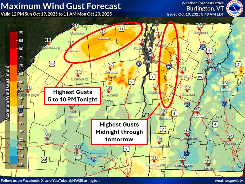 The current wind advisory for the northern Greens has been expanded to include the downslope regions of the northern Adirondacks for gusts up to 45 to 55 mph. Gusts in the Adirondacks will be highest this evening, with the higher winds shifting east for tomorrow. #VTwx #NYwx