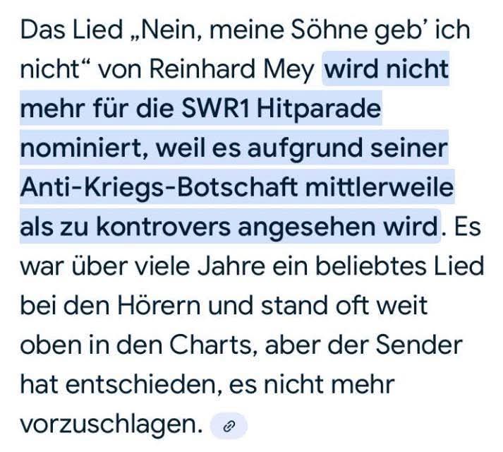 Ein Friedenslied mittlerweile zu kontrovers für den Systemfunk? Nur mehr kriegsgeil verrückt. Schickt Eure eigenen Kinder und Euch selbst an die Front. Unsere Söhne geben wir nicht für euren Krieg! 
#PATRIOTS