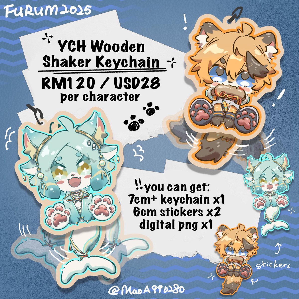 Open for ych keychain commissions with a limited slot!
PICK UP ONLY at #FURUM2025 (or comicfiesta2025 if needed)

Commissions included:
7cm+ wooden keychain, 6cm stickers x2, finishing PNG

I accept bank in/tng/wise/paypal, pls dm me if you are interested ₍˄·͈༝·͈˄*₎◞ ̑̑