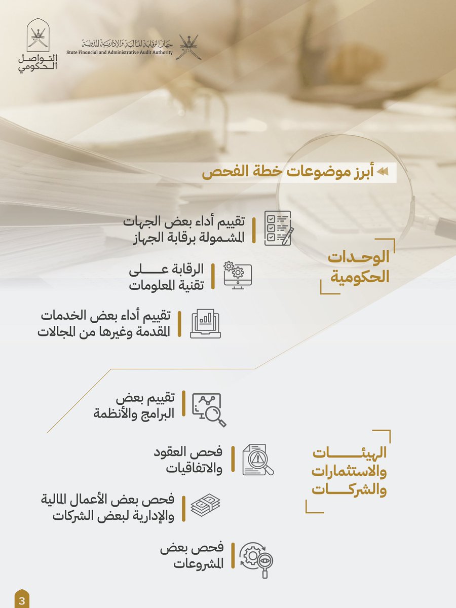 جهود متواصلة يقودها جهاز الرقابة المالية والإدارية للدولة؛ تعزيزًا لكفاءة العمل الحكومي، وترسيخًا لمبادئ الشفافية والنزاهة.

#ملخص_الرقابة_للمجتمع
#التواصل_الحكومي