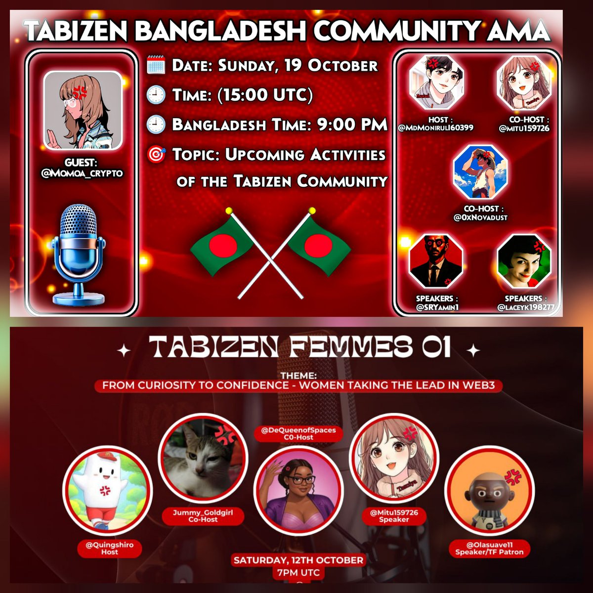 💢 Sunday is packed for Tabizens!

🇧🇩 Bangladesh Community Space – 15:00 UTC
💃 Tabizen Femmes 0.2 – 19:00 UTC

Don't miss out on these events 💢

Tabizens keeps repping the Consumer chain "<a href="/Tabichain/">Tabi 💢</a>"