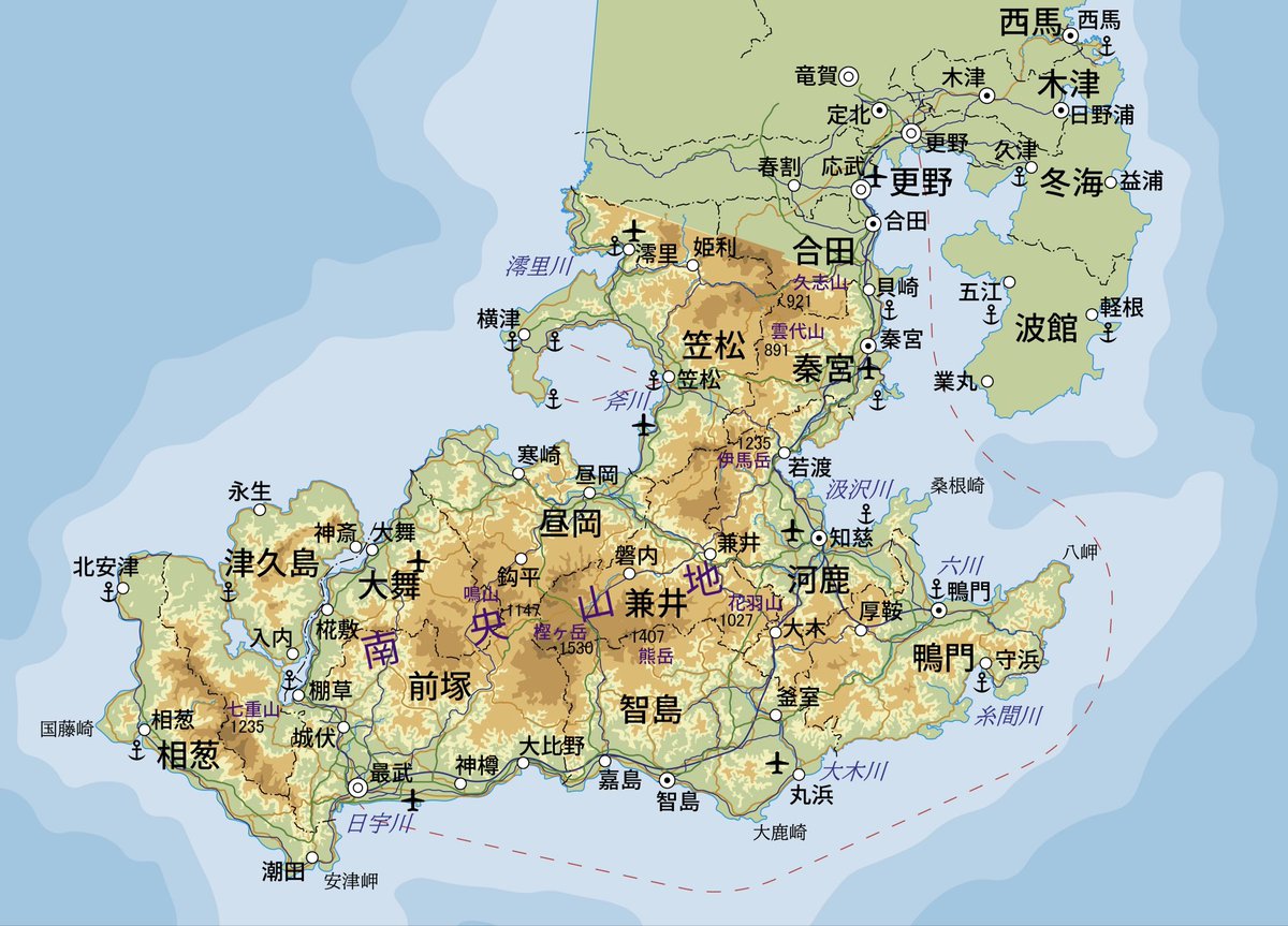 この時に描いた空想地図をさらに広域っぽい表現でリメイク。海の深さの表現とか細部があまりにもいい加減なのはさておき、この趣味本当に楽しい。
早く国土の全てを地図にしたくなるな。
