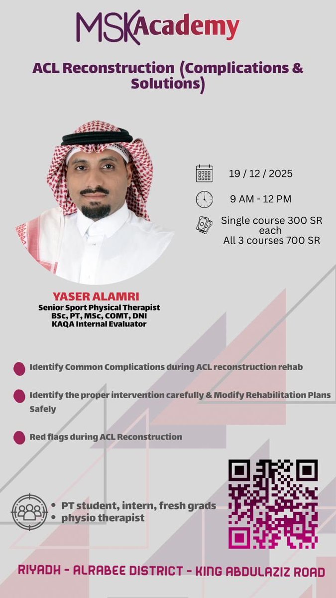 دورات شهر ديسمبر مخصصة في إصابات الرباط الصليبي الأمامي ACL مع الأخصائي الاول تأهيل طب رياضي ياسر العمري عيادة مسك كير، حي الربيع، الرياض 2025
•تقييم الإصابة وتأهيل ذكي.
•تطبيق التلصيق. ( Taping)
•مضاعفات اعادة البناء وحلول
سعر الورشة 300 سعر الكل 700
linktr.ee/mskcaresa1