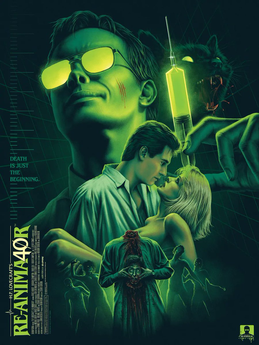 "So, West, what kind of medicine are you involved in?"

"Death."

A terrific alternative poster for Stuart Gordon's legendary 1985 horror film RE-ANIMATOR, created by Matt Ryan Tobin to celebrate its fortieth anniversary. I love this piece. #horror #art