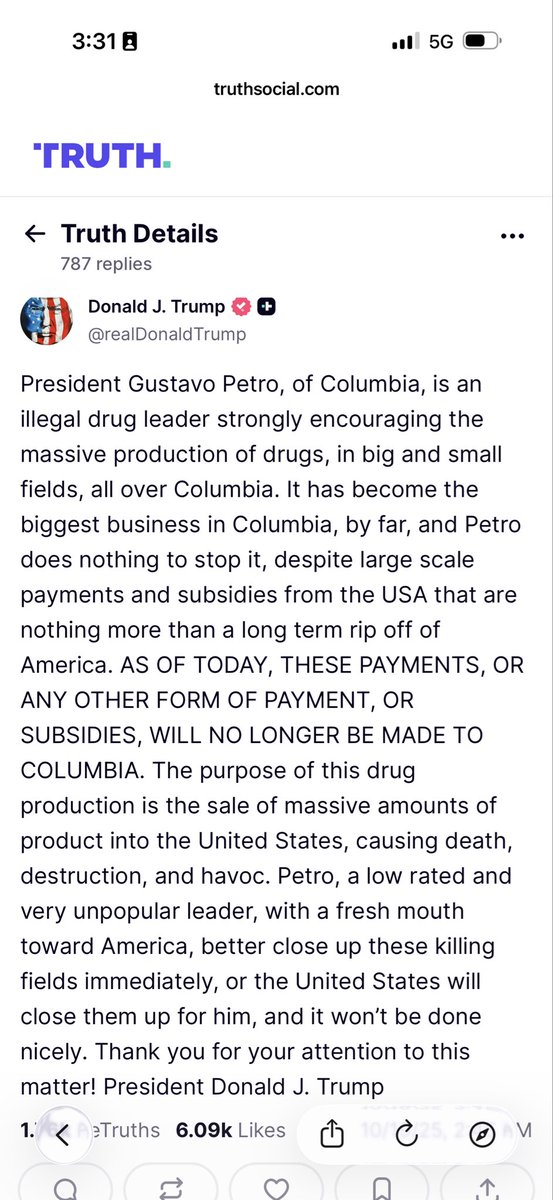 Brutal esto: Trump acusa a <a href="/petrogustavo/">Gustavo Petro</a> de ser “un líder del narcotráfico que fomenta la producción masiva de drogas”. Cualquier forma de financiación queda cortada. Y amenaza, veladamente, con intervenir en Colombia. (La última crisis arancelaria parece ahora por cosa).