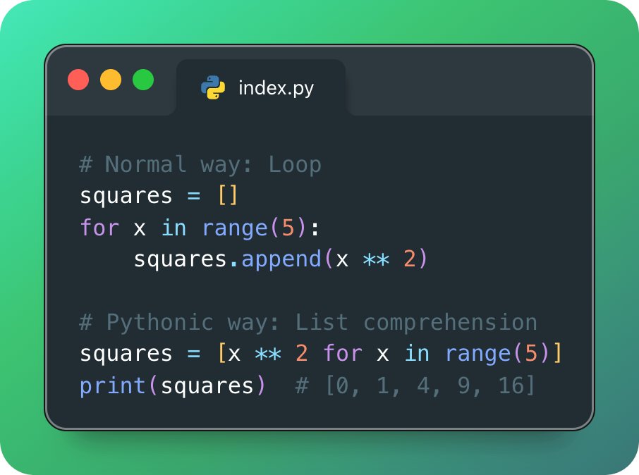 gyana_tech's tweet image. Speed up your Python with list comprehension! Transform lists into one line. Try this:
Do you prefer this over loops?
#NormalwayvsPythonicway #pythontricks