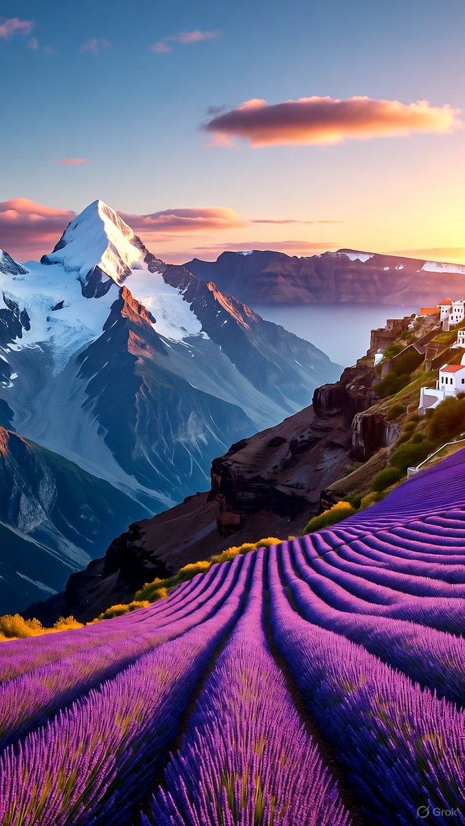DDruidDesigns's tweet image. Embracing the serenity of lavender fields beneath majestic snow-capped peaks at sunrise.  #NatureLovers #LavenderDreams