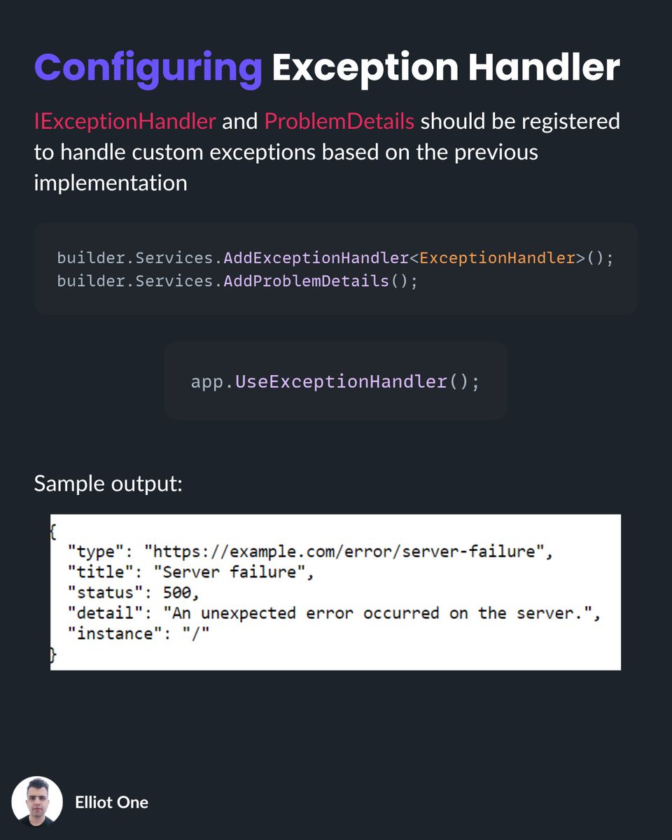 elliot1one's tweet image. 🛑 Handle exceptions gracefully .NET with Global Exception Handling.
Centralize logic, use IExceptionHandler + ProblemDetails, and keep users informed.
Steps:
1. Implement IExceptionHandler
2. Define TryHandleAsync()
3. Register & use middleware
#dotnet #csharp #codingtips