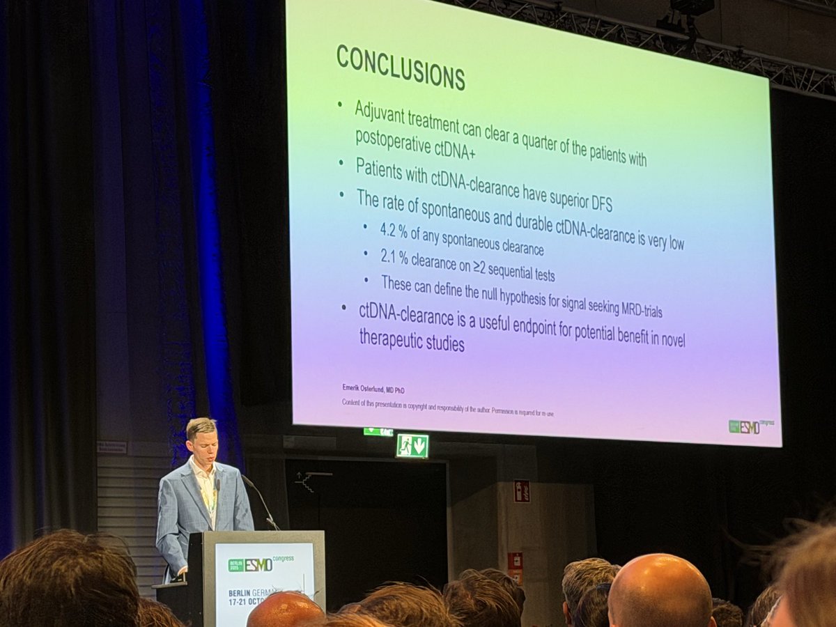 VanMorrisMD's tweet photo. Excellent talk from @EmerikOsterlund presenting research on ctDNA clearance patterns from pts w/ CRC in @MDAndersonNews INTERCEPT. Historical precedent for spontaneous ctDNA clearance using WES approach will help inform future trial design!  Accompanied by insightful perspective from the always incredible @aparna1024 . #endcancer