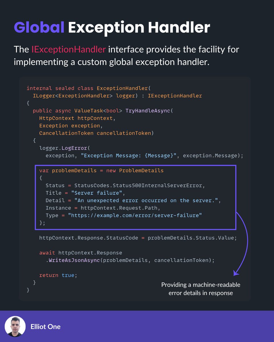 elliot1one's tweet image. 🛑 Handle exceptions gracefully .NET with Global Exception Handling.
Centralize logic, use IExceptionHandler + ProblemDetails, and keep users informed.
Steps:
1. Implement IExceptionHandler
2. Define TryHandleAsync()
3. Register & use middleware
#dotnet #csharp #codingtips