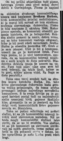 19. oktobra 1943 so komunisti v Koprivniku na Gorenjskem umorili katoliškega duhovnika Srečka Hutha. S krampom.