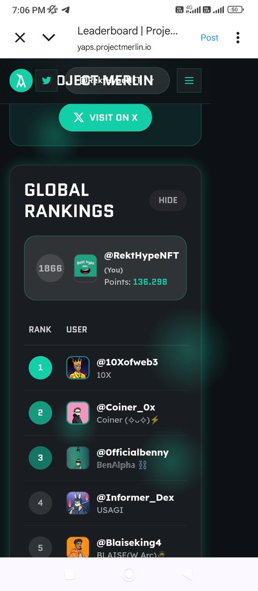RektHypeNFT's tweet image. 🔥 Slowly but surely climbing up the @ProjectMerlinio leaderboard!
Currently ranked #1866 with 136.298 points — the grind never stops.
Let’s see how high we can go from here ⚡
#ProjectMerlin #Web3