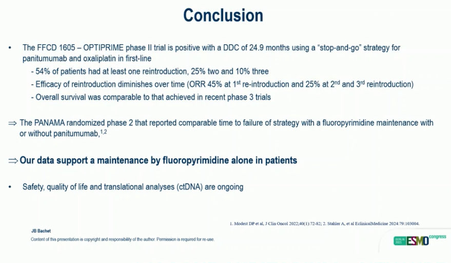 Mario Balsa (@mariobalsamd) on Twitter photo 🚨 #ESMO25 #mCRC – Phase II OPTIPRIME (FFCD 1605) explored a stop-and-go FOLFOX + panitumumab strategy in RAS/BRAF WT mCRC (n=115)
🎯 Median duration of disease control = 24.9 mo (90% CI 19.3–28.3)
💥ORR 74.8% at induction → 45% 1st reintro → 25% later reintros
▪️OS 36.1 mo 🚨 #ESMO25 #mCRC – Phase II OPTIPRIME (FFCD 1605) explored a stop-and-go FOLFOX + panitumumab strategy in RAS/BRAF WT mCRC (n=115)
🎯 Median duration of disease control = 24.9 mo (90% CI 19.3–28.3)
💥ORR 74.8% at induction → 45% 1st reintro → 25% later reintros
▪️OS 36.1 mo
