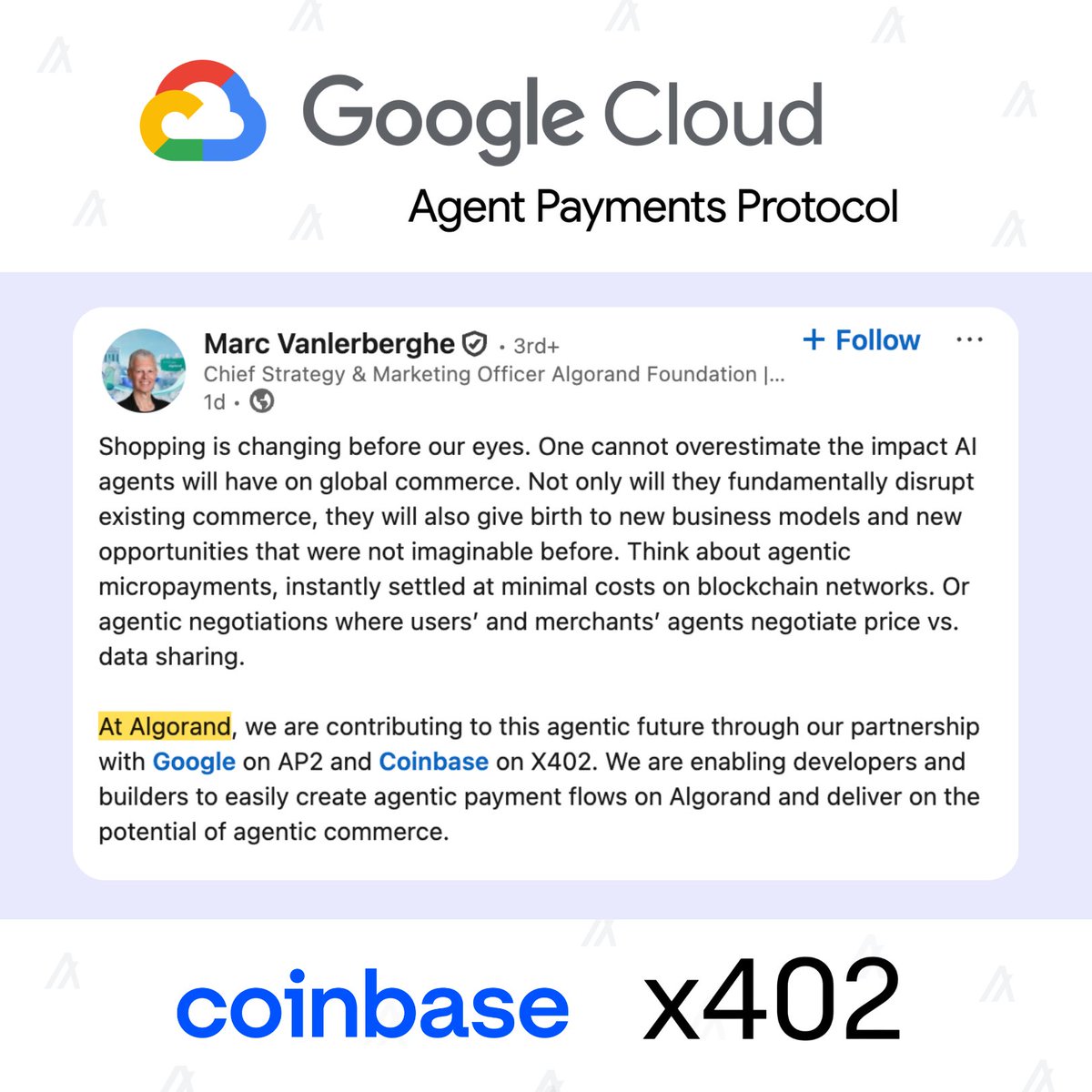 Ⱥlex | france.algo 🇫🇷 (@algerstmehn) on Twitter photo "At Algorand, we are contributing to this agentic future through our partnership with Google on AP2 and Coinbase on X402." - <a href="/marcvl/">marcvl.algo🇺🇦</a>
This is absolutely HUGE for the future & adoption of $ALGO, one of the few L1s fit for purpose to provide blockchain rails for agentic commerce! "At Algorand, we are contributing to this agentic future through our partnership with Google on AP2 and Coinbase on X402." - <a href="/marcvl/">marcvl.algo🇺🇦</a>
This is absolutely HUGE for the future & adoption of $ALGO, one of the few L1s fit for purpose to provide blockchain rails for agentic commerce!